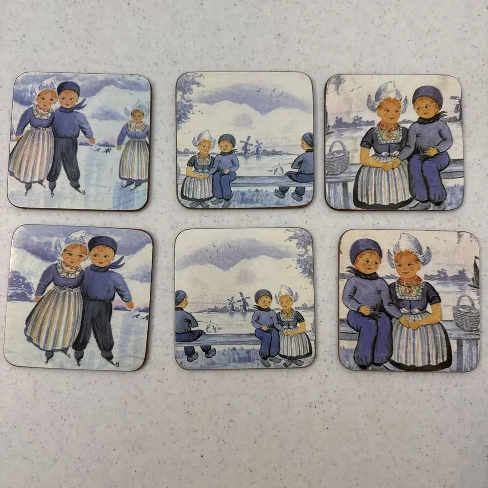 Vintage Dutch Children In Snow Set Of 6 Drink Coasters